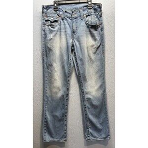 True Religion World Tour Light Wash Distressed Straight Blue Jeans - Size 34